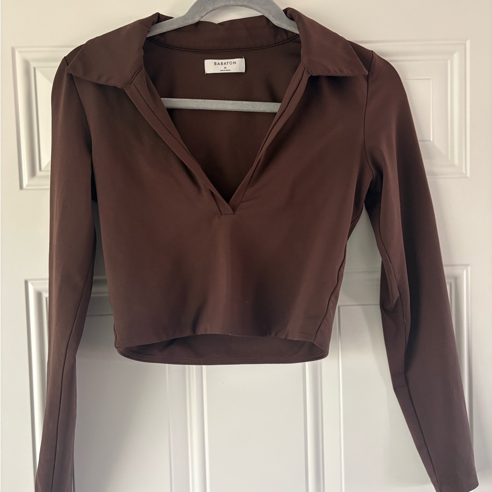 Aritzia Babaton Chocolate Brown Cropped V-Neck Collared Top